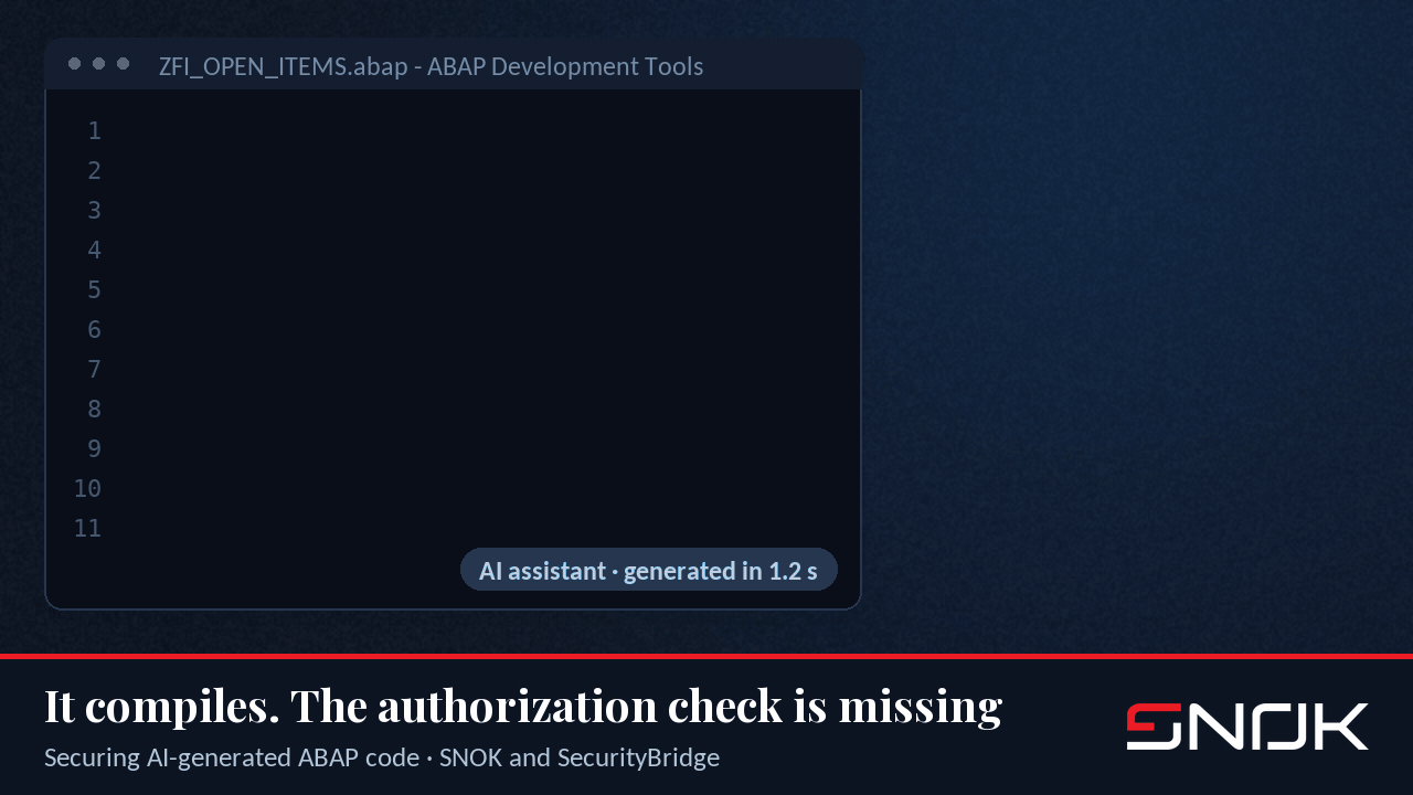 An ABAP editor showing generated code next to the SecurityBridge scanner panel: a missing authorization check on a BSEG read, an Open SQL injection in a dynamic WHERE clause and a direct write to a table; the transport is blocked