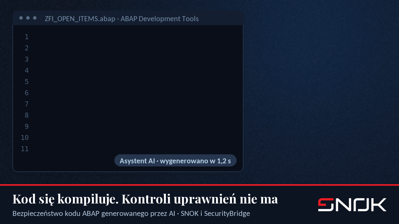 Edytor ABAP z wygenerowanym raportem i panelem skanera SecurityBridge: brak kontroli uprawnień przy odczycie tabeli BSEG, wstrzyknięcie Open SQL w dynamicznym warunku WHERE i bezpośredni zapis do tabeli; transport zablokowany