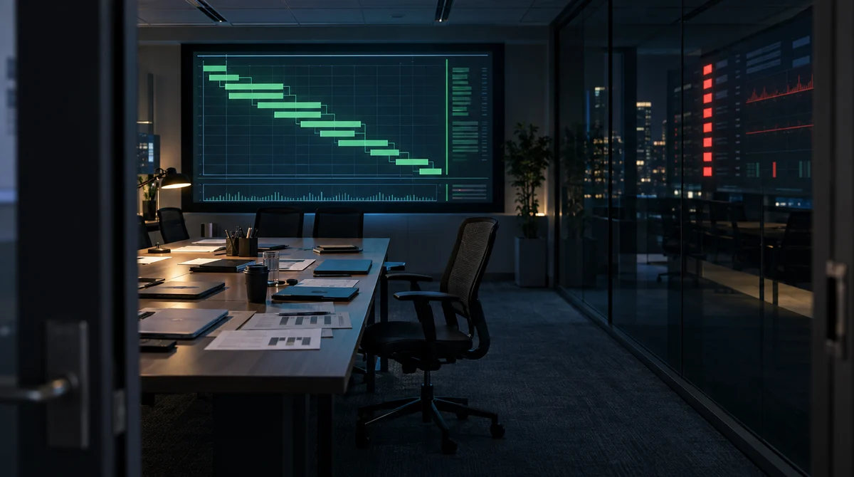 Sala projektowa programu konwersji do SAP S/4HANA nocą - na ścianie wykres Gantta świecący na zielono, w szybie odbija się pulpit bezpieczeństwa z czerwonymi wskaźnikami, przy stole pusty fotel