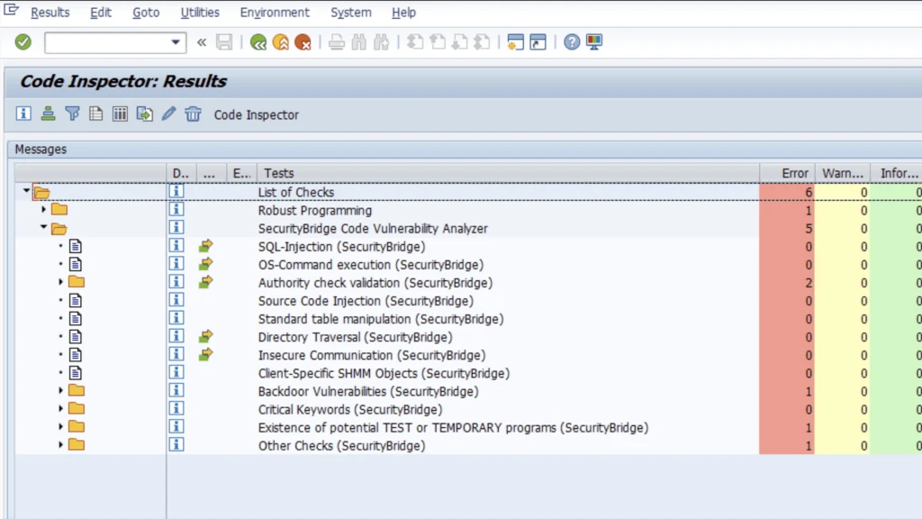 SAP Code Inspector result view with SecurityBridge check categories such as SQL injection, operating system command execution, authority check validation and standard table manipulation. Source: SecurityBridge