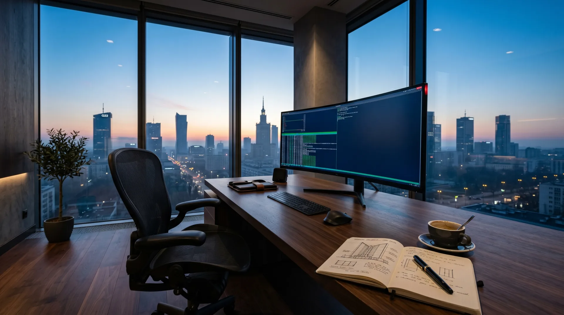 A modern consulting office at dawn - a terminal, a notebook with an architecture diagram, Warsaw in the background