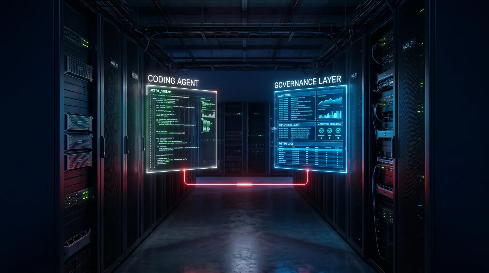 A server-room corridor with two holographic terminals - Coding Agent and Governance Layer - connected by a red arc of light