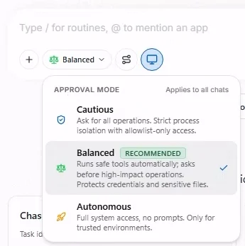 The approval mode dropdown in Delegate: Cautious, Balanced marked as recommended, Autonomous