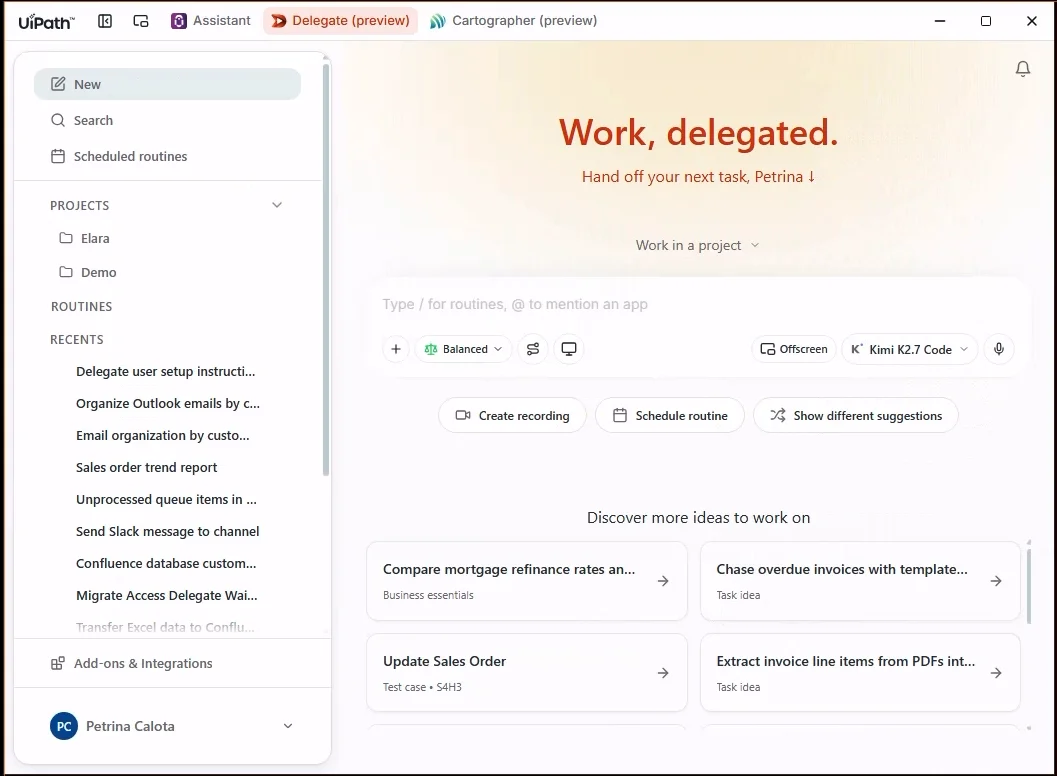 The UiPath Delegate window: the product switcher in the title bar, a sidebar with routines and projects, and a composer row carrying the Balanced approval mode, the Offscreen execution mode and the model picker
