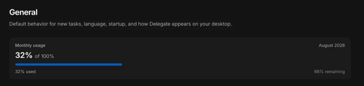 The monthly usage view in Delegate settings