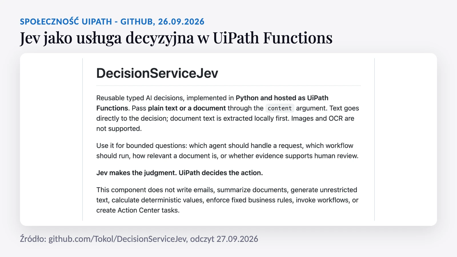README projektu DecisionServiceJev: usługa decyzyjna Jev w UiPath Functions