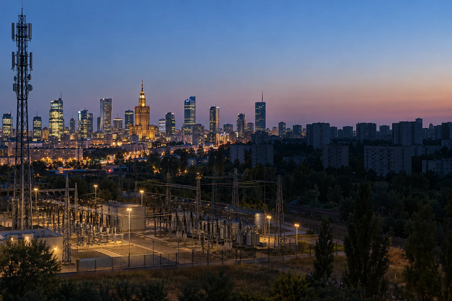 Stacja elektroenergetyczna i maszt telefonii komórkowej o zmierzchu, za nimi panorama Warszawy z jedną ciemną dzielnicą