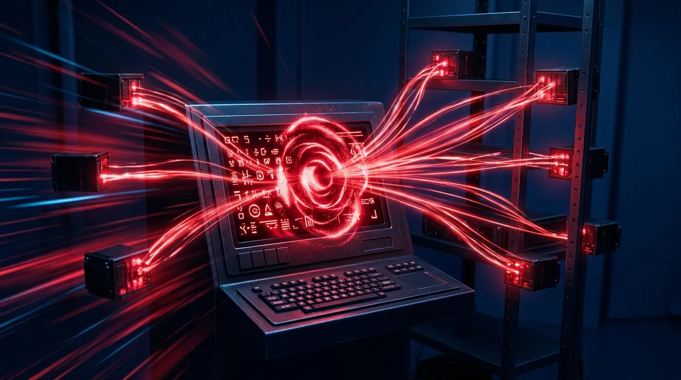 Visualisation of an AI agent operating botnet infrastructure - SNOK Aurora style