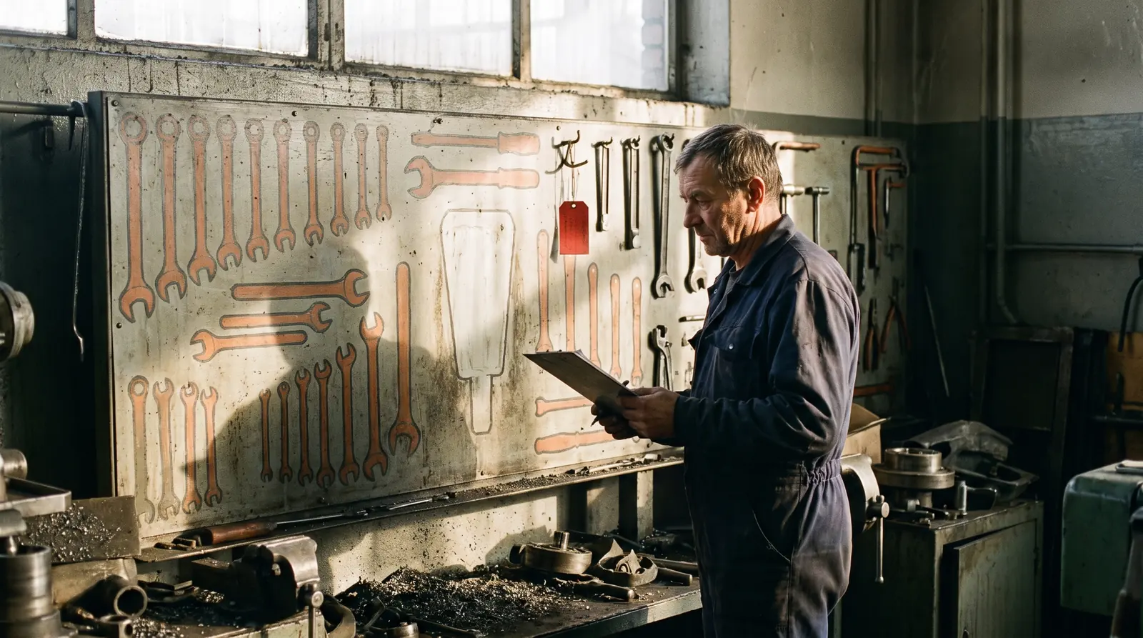 Maintenance workshop, shadow board with one empty outline where a withdrawn tool used to hang