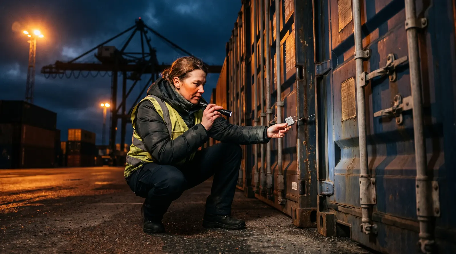 Container terminal at night, an inspector checking the seal on a container door