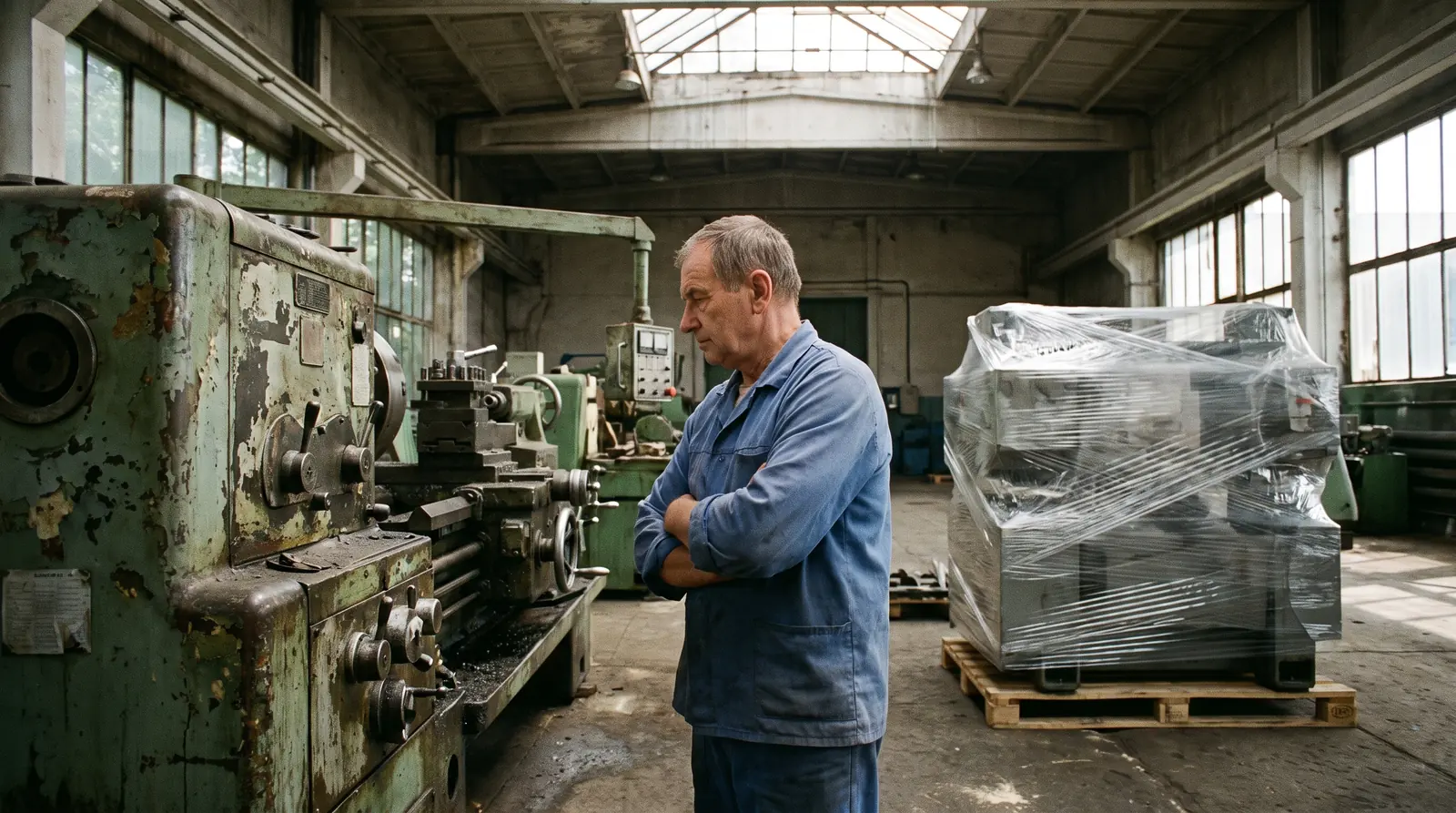Factory floor, an owner standing between an old working lathe and a new machine still in wrapping