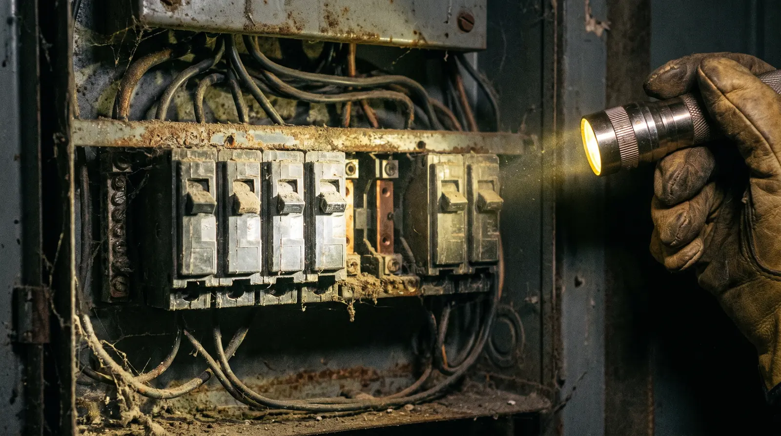 Old electrical distribution board, a row of breakers with one empty slot, a gloved hand holding a torch