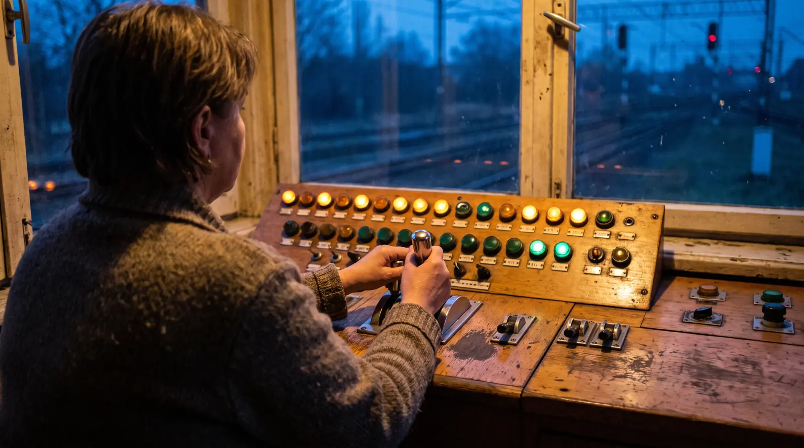 Railway signal box at dusk, a signaller with a hand on the lever, the whole section visible at once