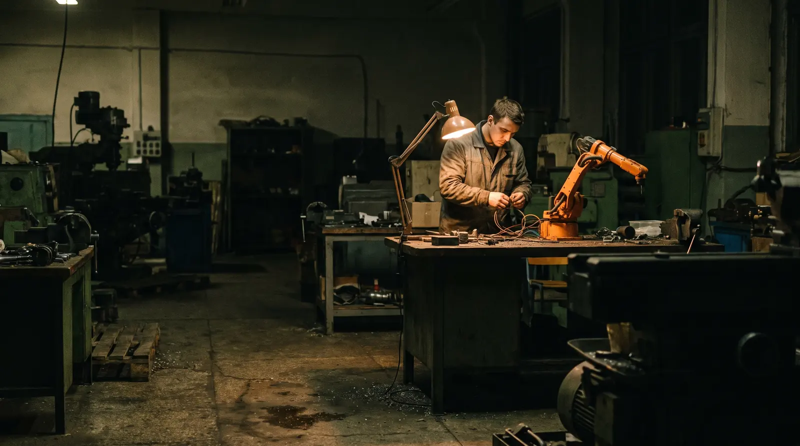 Empty training workshop in the evening, a young engineer working alone at a bench with a robot arm