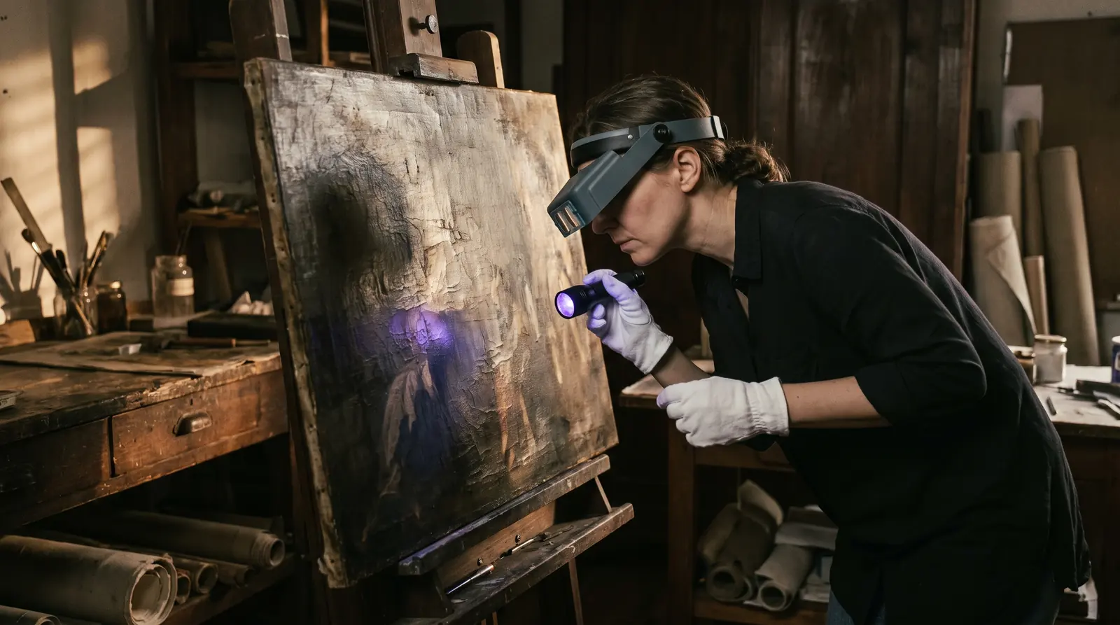 Art conservation studio, a UV lamp revealing earlier layers under a painting