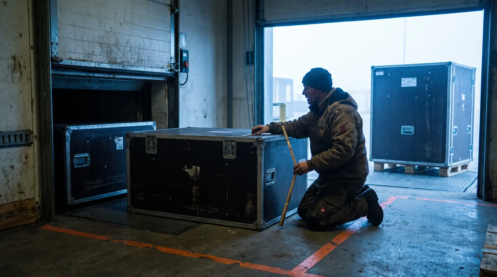 Loading dock at dawn, a technician measuring a crate against the cargo opening