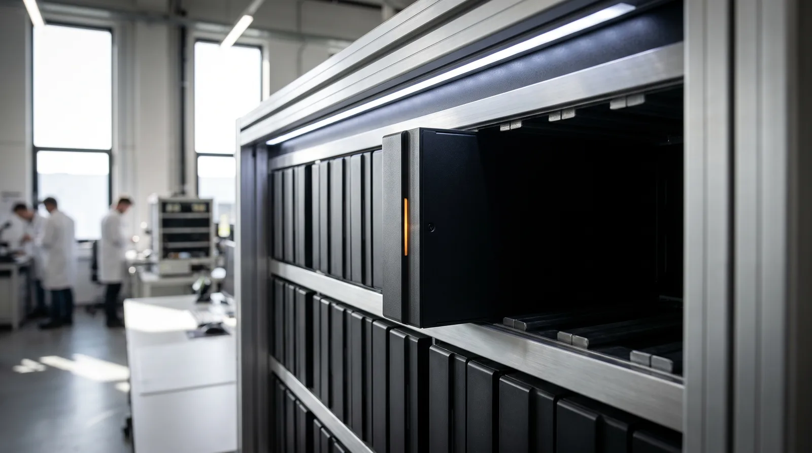 Modułowa ściana narzędziowa z siatką identycznych zamkniętych modułów, jeden wysunięty do połowy