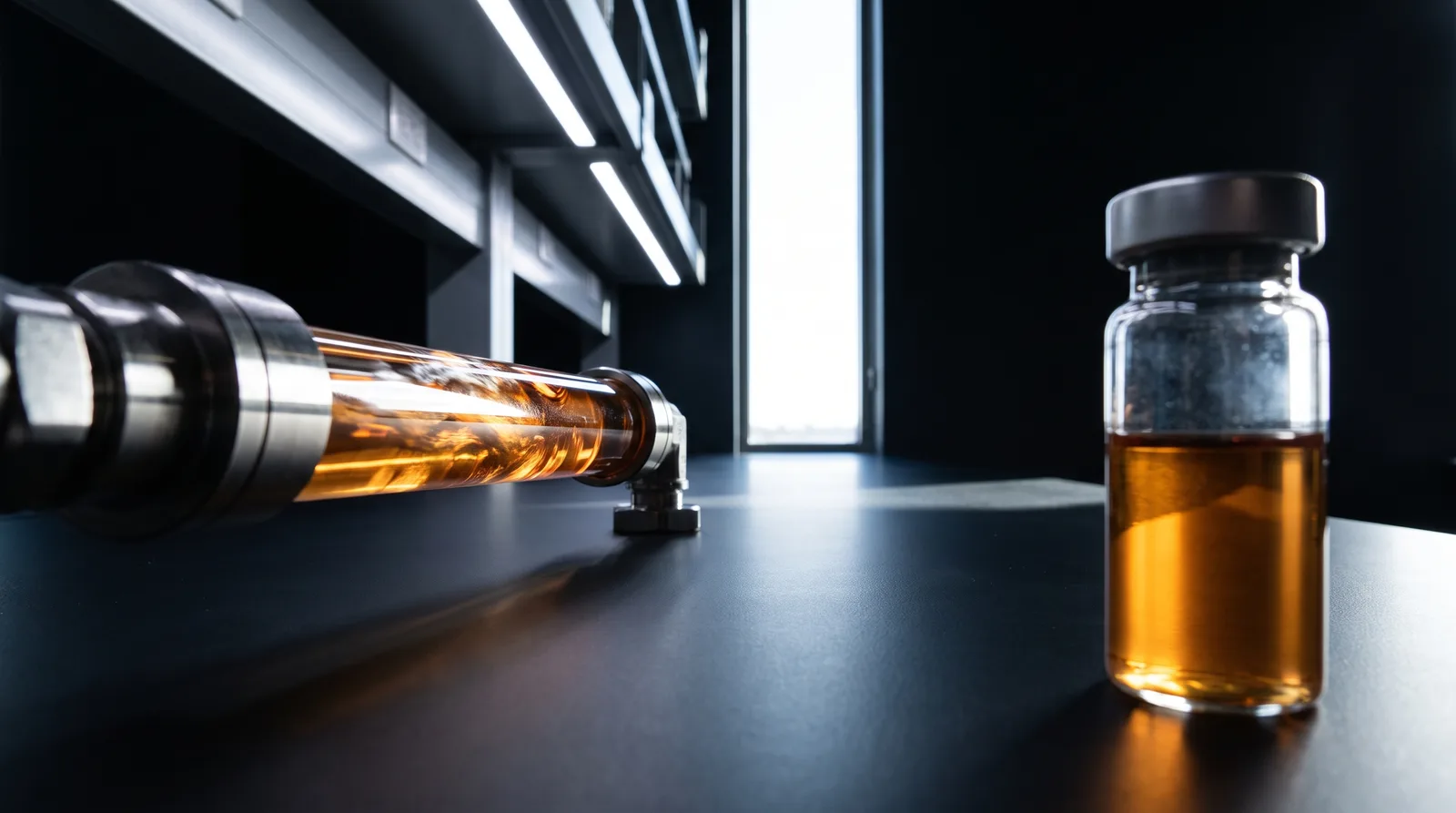 Przezroczysta rura z płynącą cieczą na blacie laboratoryjnym, obok szczelnie zamknięty słój z tą samą cieczą nieruchomą