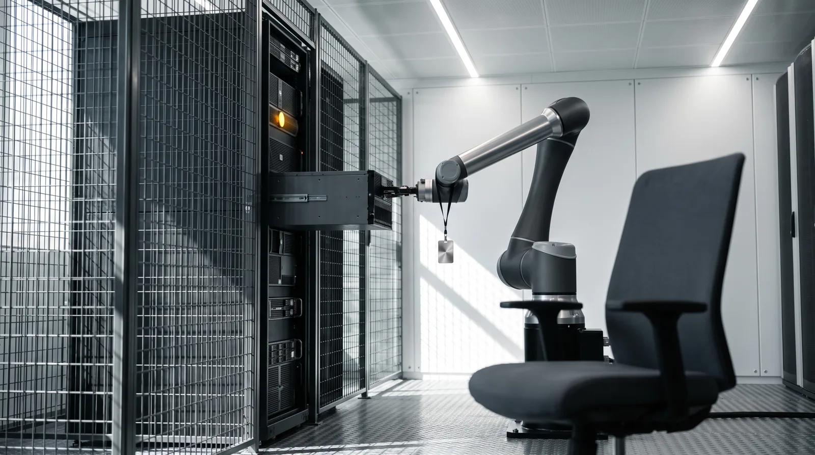Ramię robota pracuje wewnątrz zamkniętej klatki serwerowej, z jego przegubu zwisa identyfikator dostępu na smyczy, a krzesło nadzorcy stoi puste