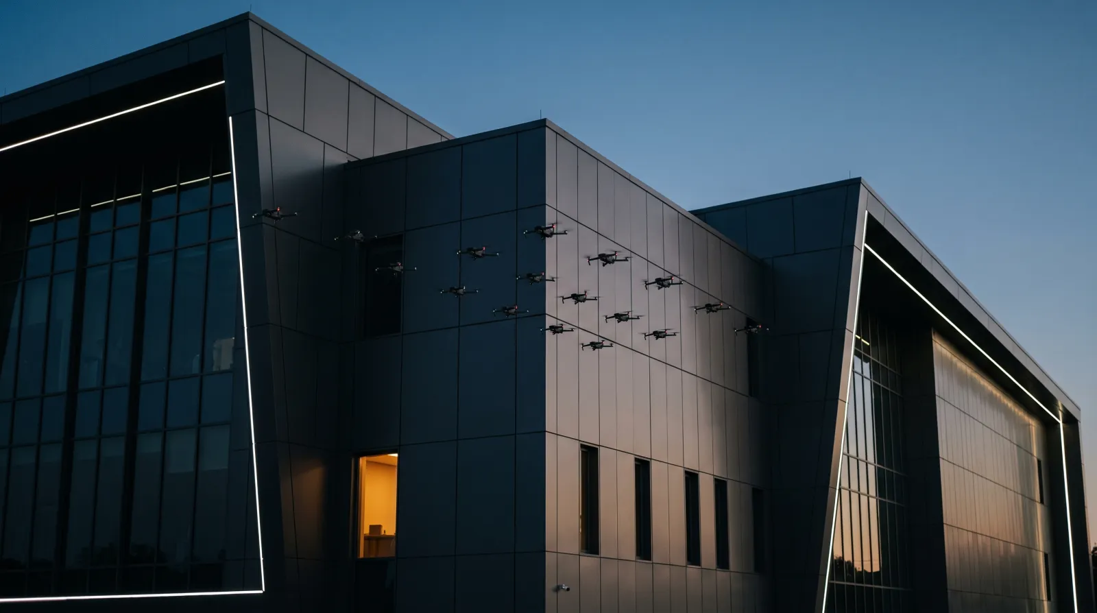 Rój małych dronów inspekcyjnych w szyku wzdłuż szklano-stalowej fasady nowego centrum danych o zmierzchu