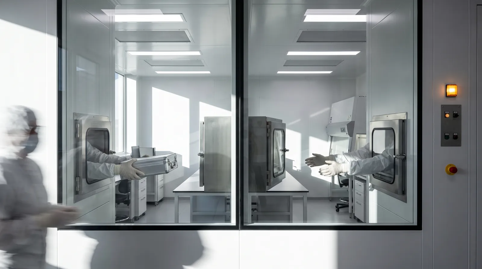 Two adjoining cleanrooms behind a glass wall; gloved hands pass a sealed case through a pass-through chamber while both doors stay shut