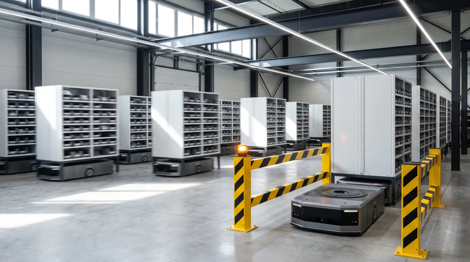 Autonomous warehouse robots move shelving across a new hall; one robot has stopped at a yellow-and-black safety gate with an amber beacon
