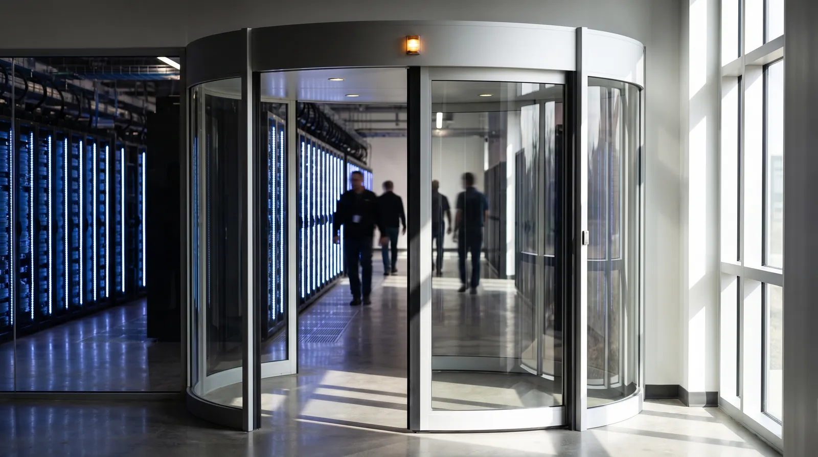 A cylindrical glass security interlock at the entrance to a new data hall, one door open and one closed, server aisles beyond in cool light
