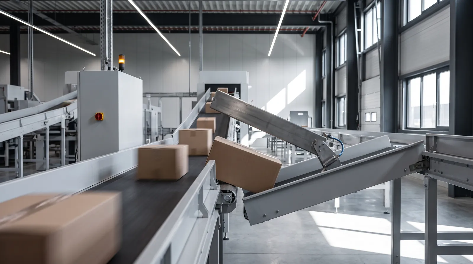A high-speed parcel sorting line; a pneumatic diverter arm flicks one box from the main conveyor into a side lane while others streak past
