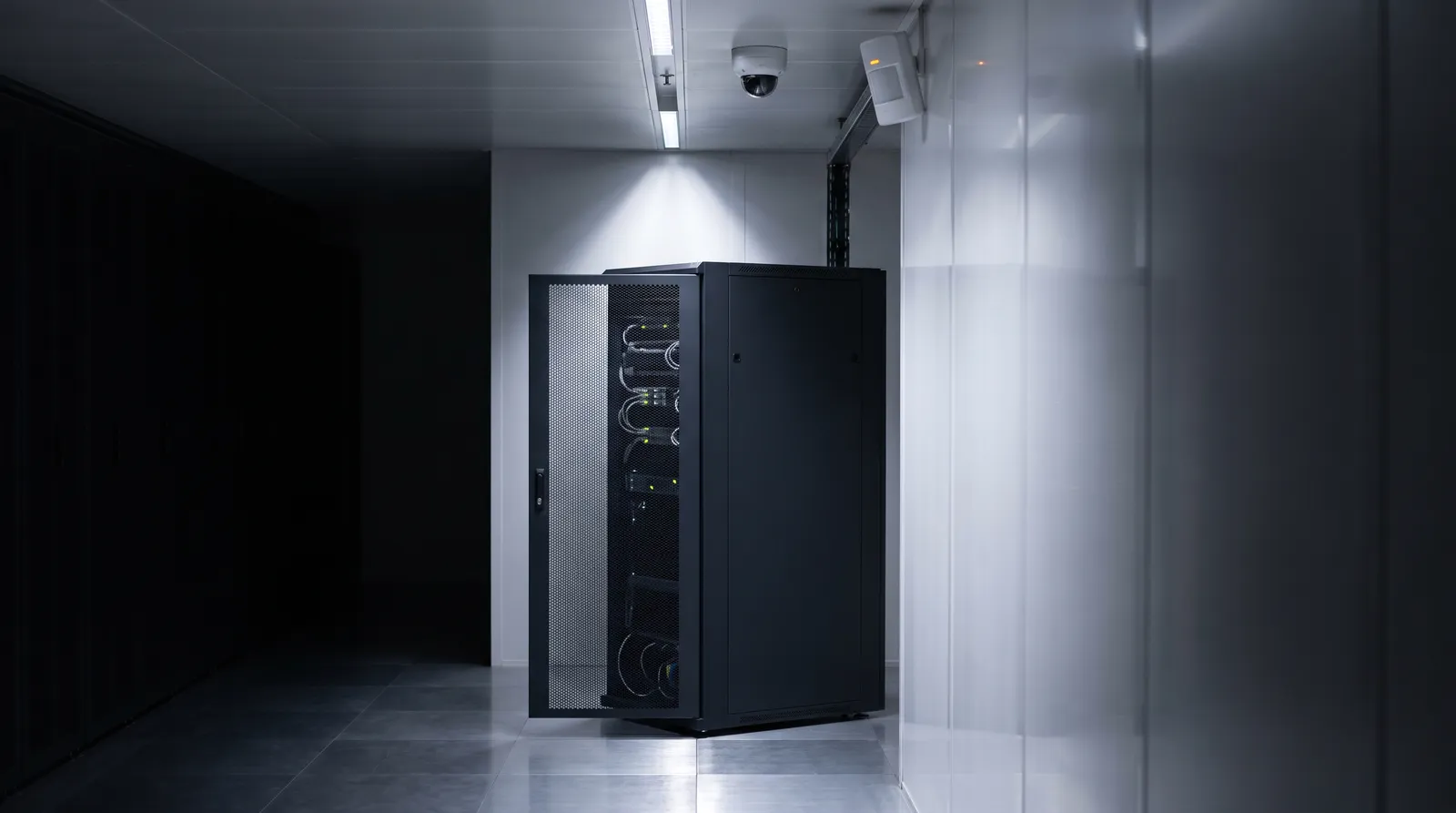 A single server cabinet with its door ajar, lit in an otherwise dark server corridor; a discreet camera and motion sensor on the ceiling above