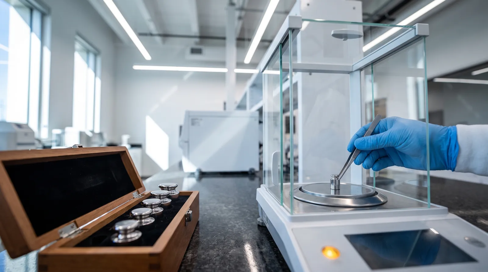 A precision laboratory balance under a glass draught shield; tweezers in a gloved hand place a tiny calibration weight on the pan