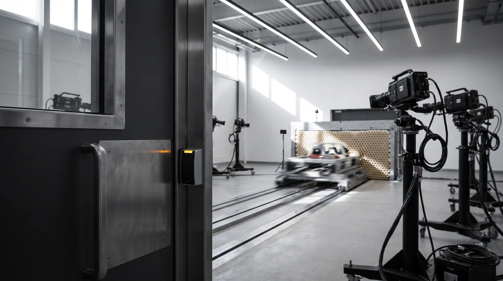 A new crash-test laboratory with a sled on rails, a barrier and high-speed cameras; in the foreground a closed door with a card reader