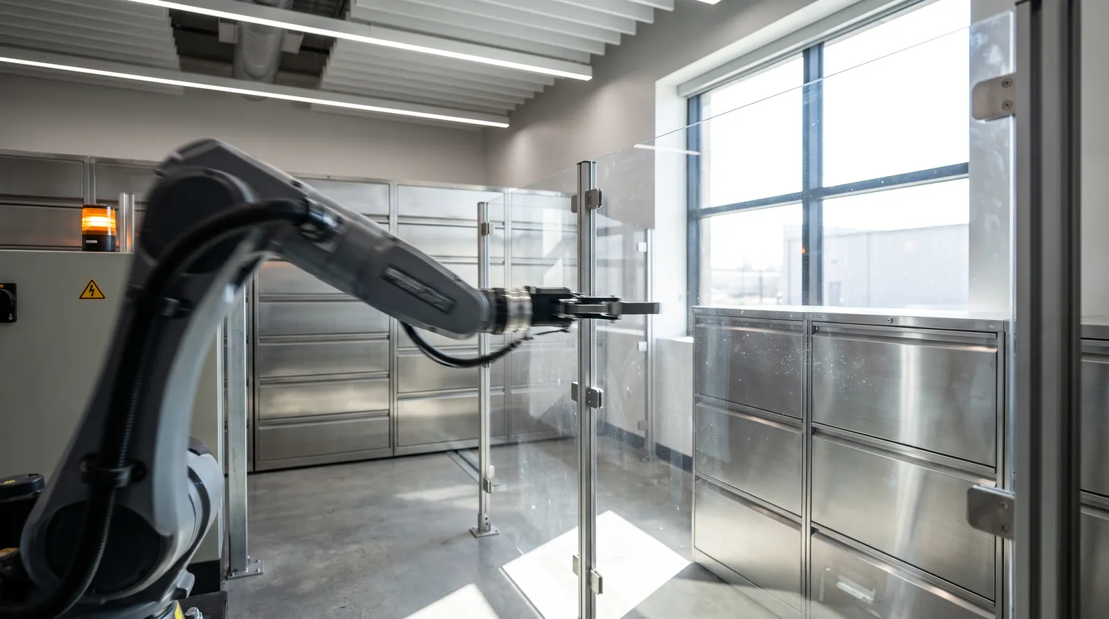 A robot arm in a new automated archive reaches towards steel drawers but stops short of a freshly fitted clear polycarbonate guard