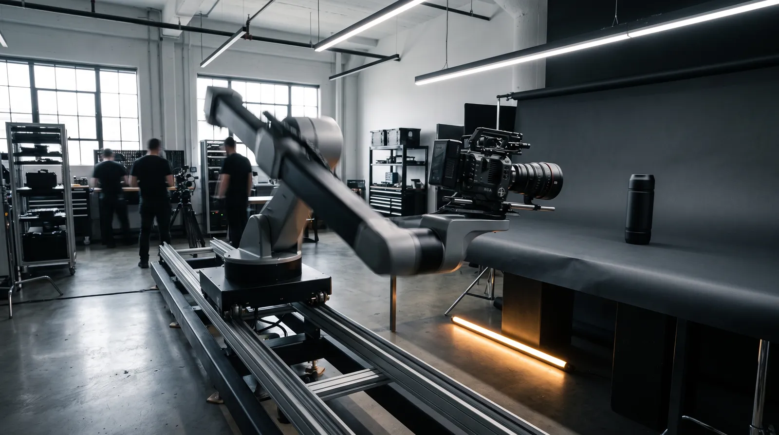 A motion-control camera arm sweeps along a floor track in a modern film studio, shooting a single product against a graphite backdrop