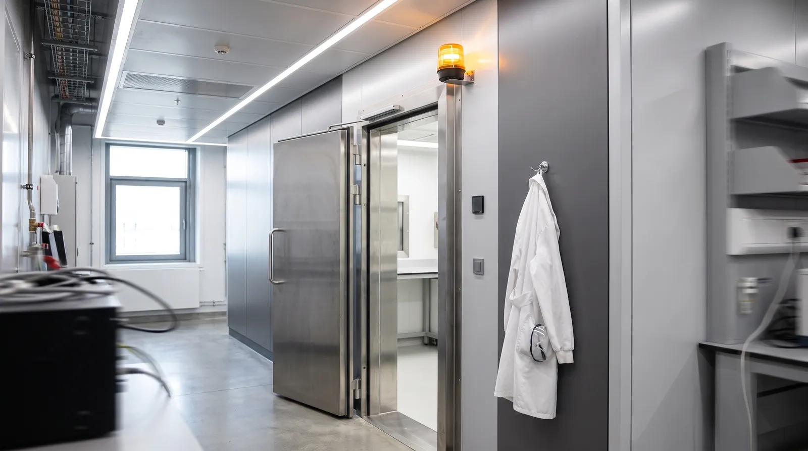 A corridor in a new high-containment laboratory; an airlock door stands half open under an amber beacon, a lone white lab coat on a hook beside it