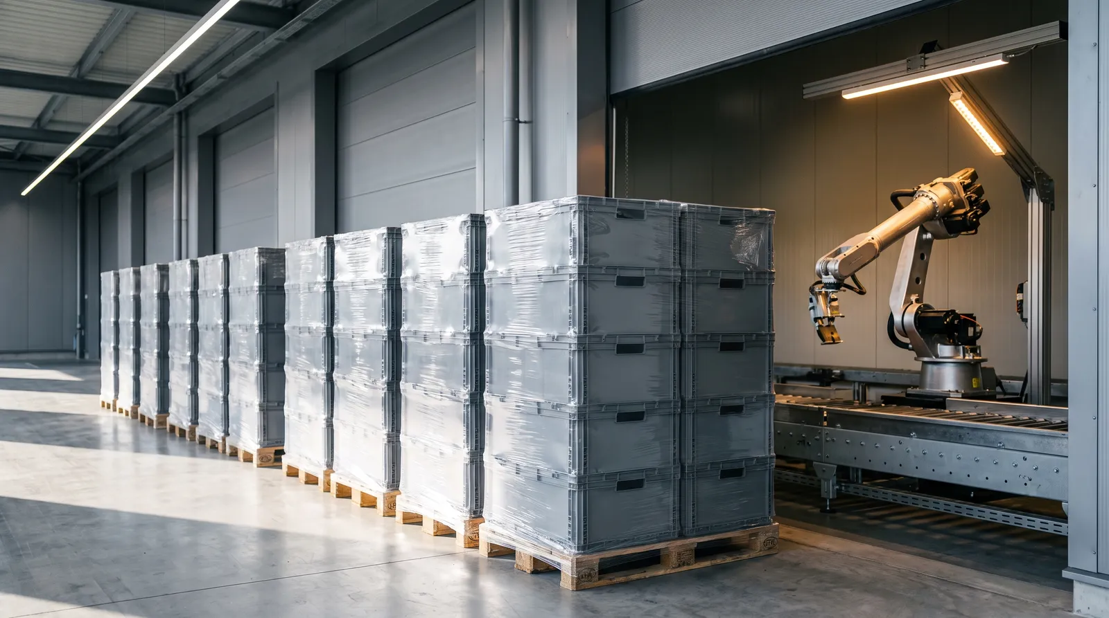 A loading dock in a new distribution centre; shrink-wrapped pallets wait to be returned while one industrial robot is already bolted into a working line