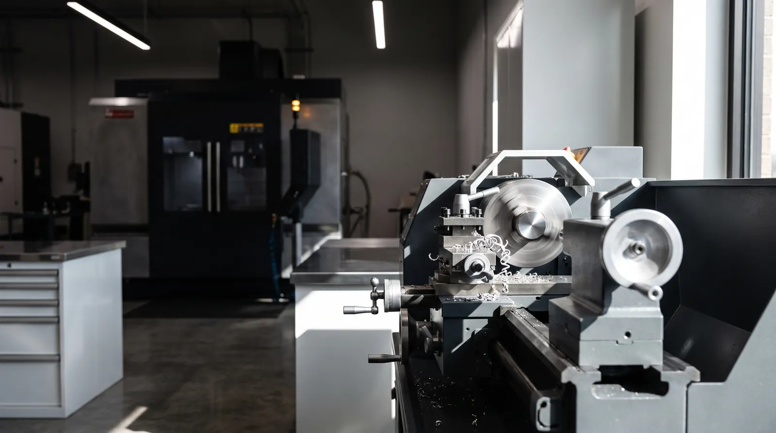 A compact benchtop lathe turns a flawless polished part while an enormous switched-off machining centre stands in the background