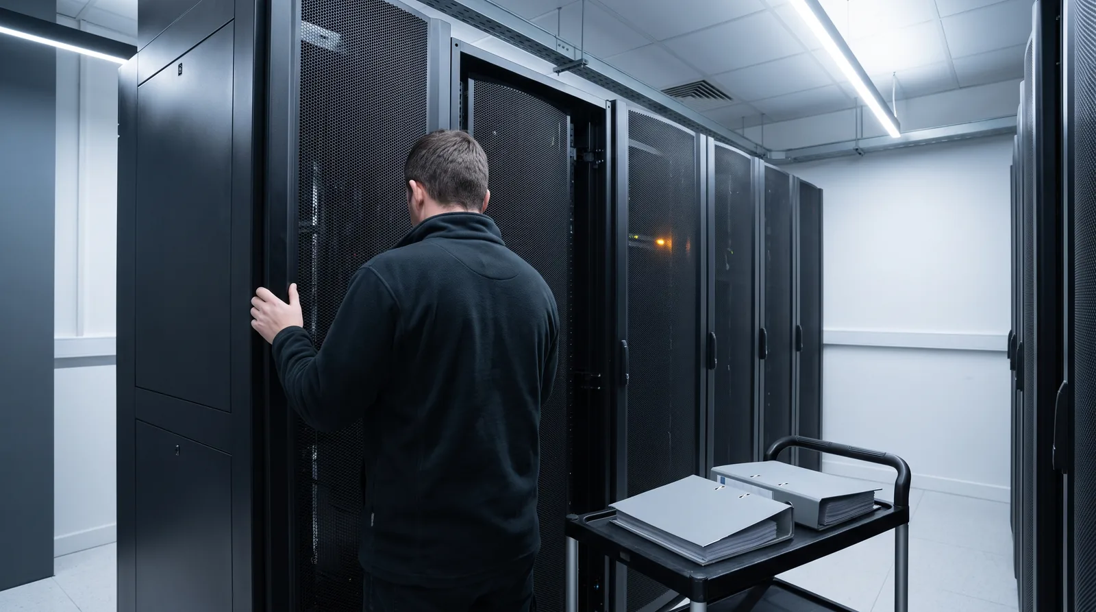 Serwerownia nocą, na wózku serwisowym leżą dwie teczki z dokumentacją, technik w polarze zdejmuje panel jednej szafy, druga czeka z zapaloną bursztynową diodą