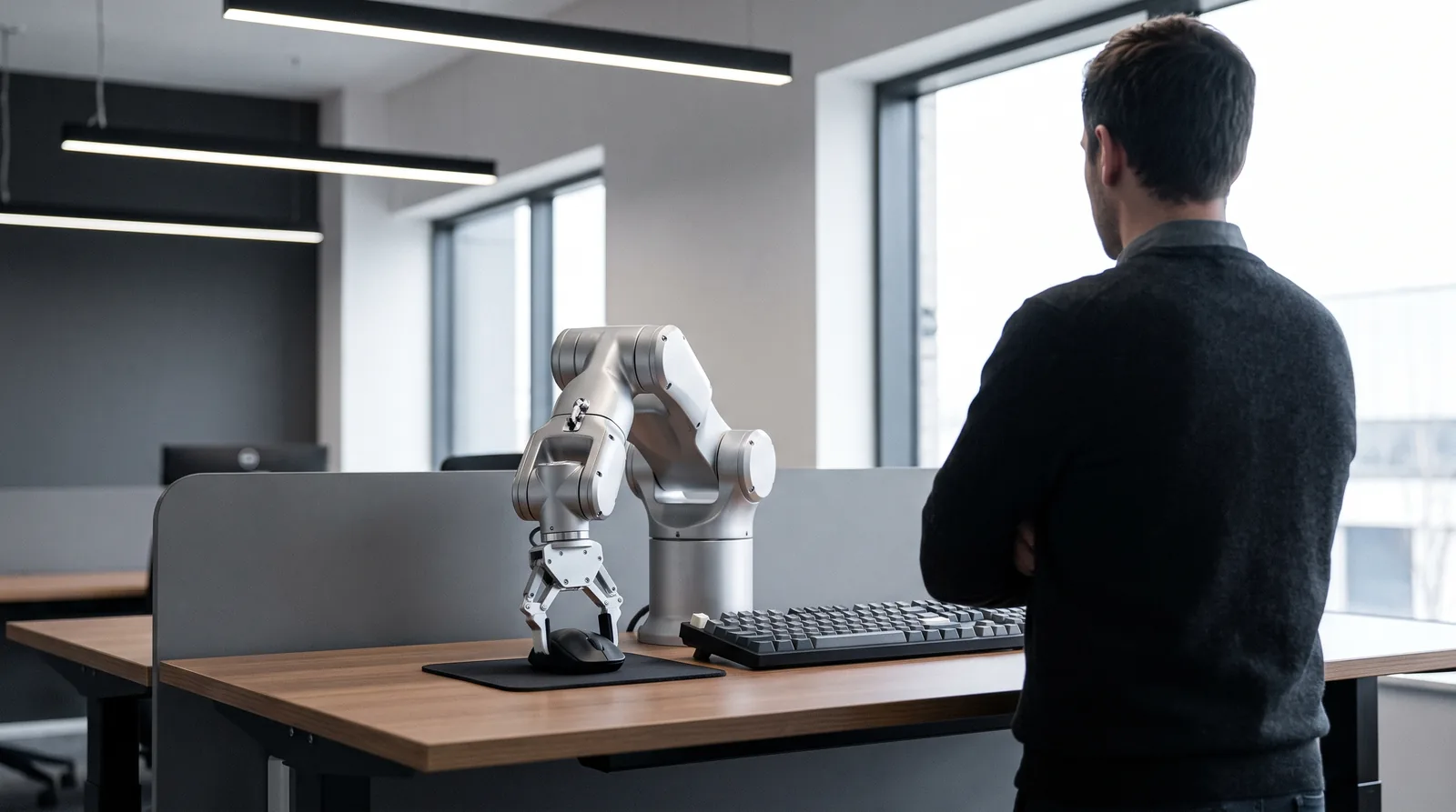 Na biurku w biurze małe robotyczne ramię trzyma myszkę komputerową obok klawiatury, a konsultant w ciemnym swetrze stoi tyłem i przygląda się mu z założonymi rękami