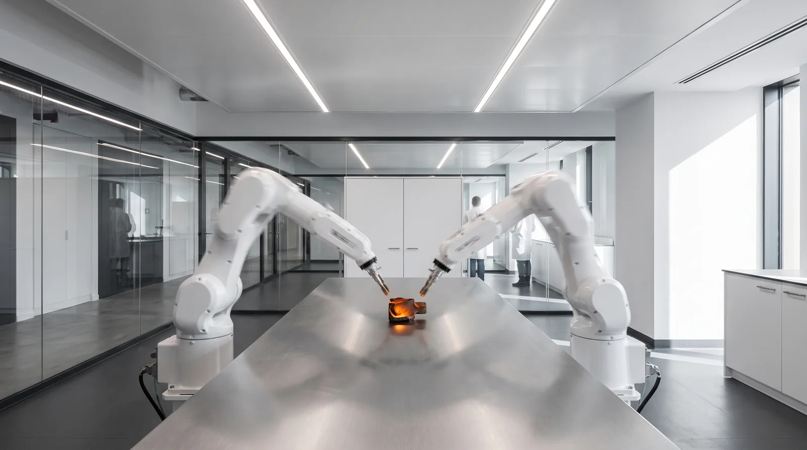 Dwa identyczne ramiona robotów po obu stronach stalowego stołu sięgają w ruchu po ten sam rozżarzony element, w głębi za szybą dwie osoby w fartuchach stoją tyłem