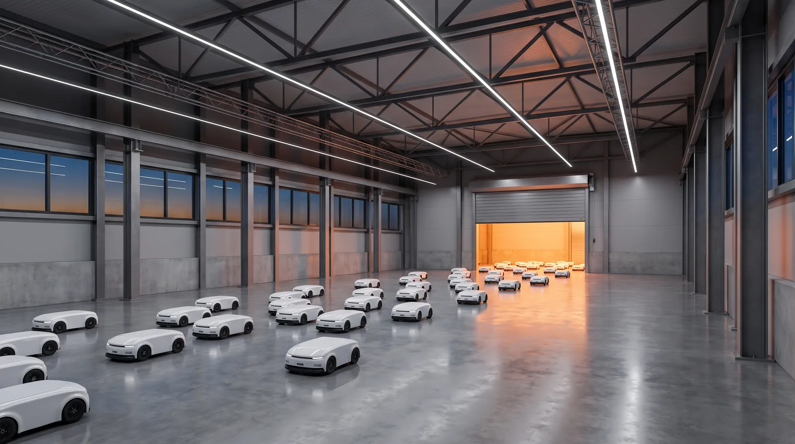 Rój jednakowych autonomicznych robotów magazynowych sunie przez nową halę w stronę otwartych drzwi, zza których bije ciepłe światło