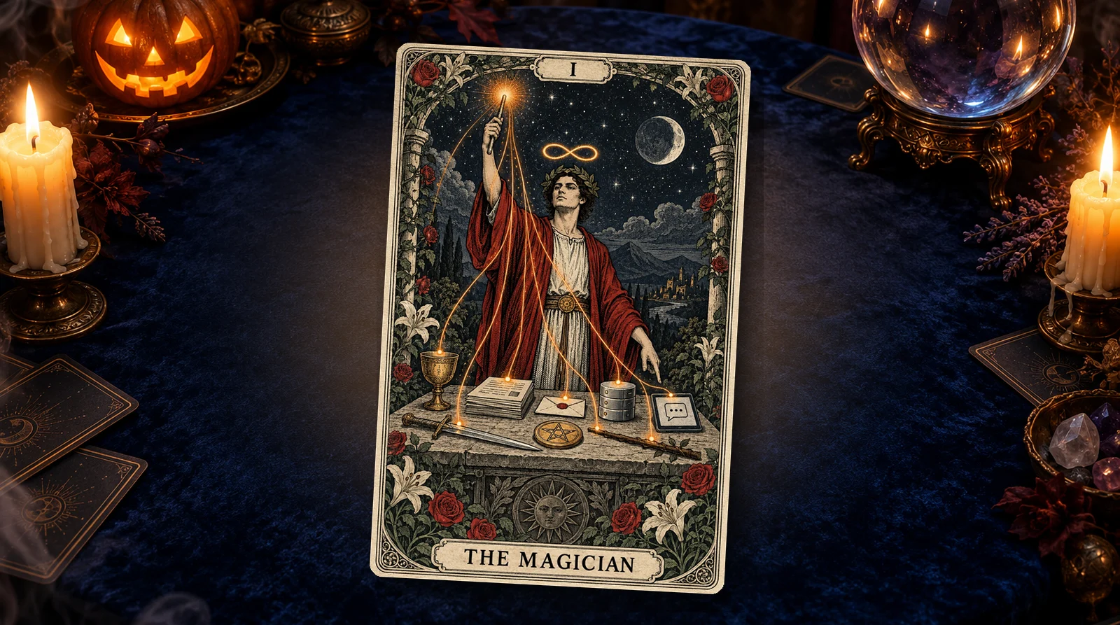 The Magician tarot card on navy velvet: a figure in red raises a wand, glowing threads running to documents, an envelope and a database on the table.