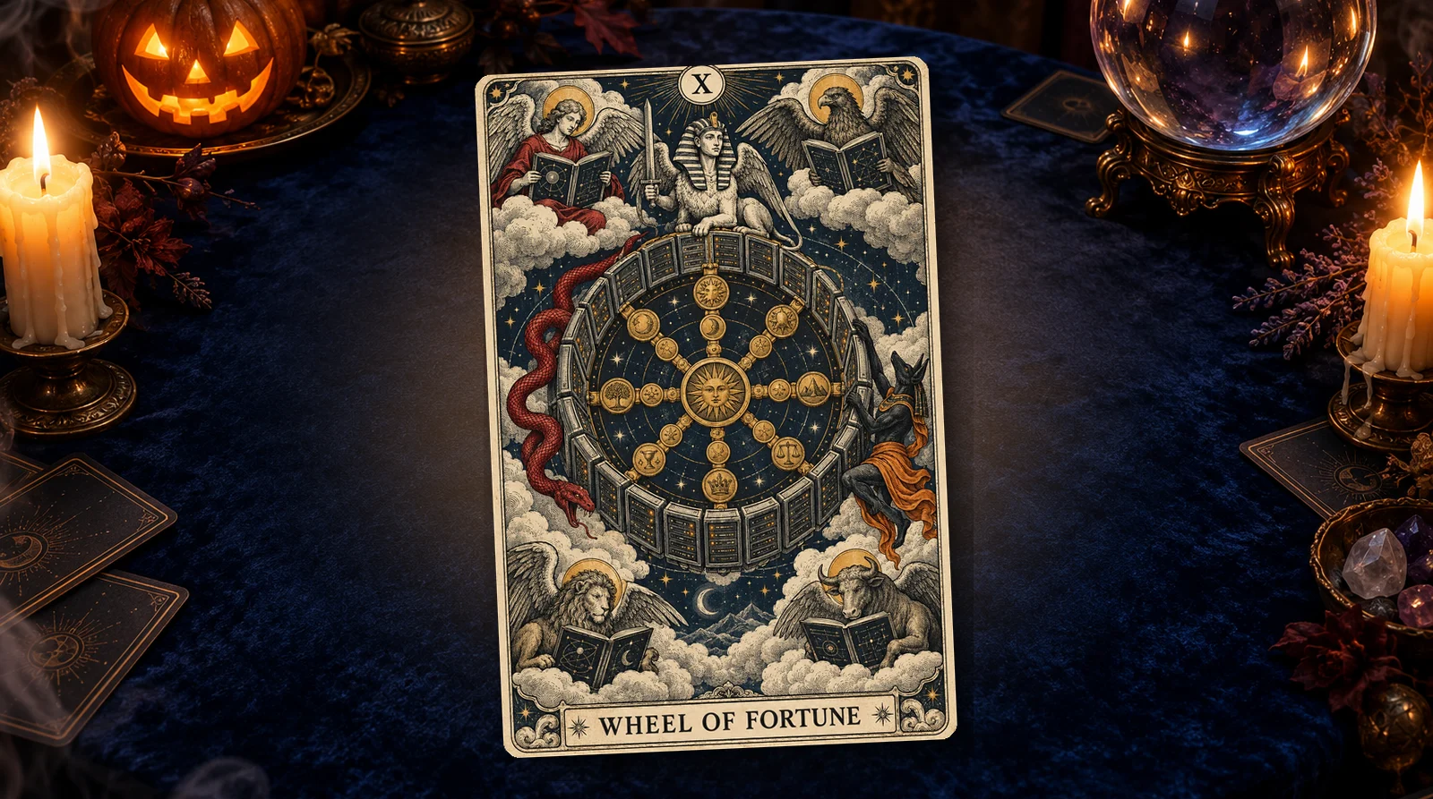 The Wheel of Fortune tarot card on a fortune teller’s table: a wheel of server racks and gold coins, a sphinx on top.