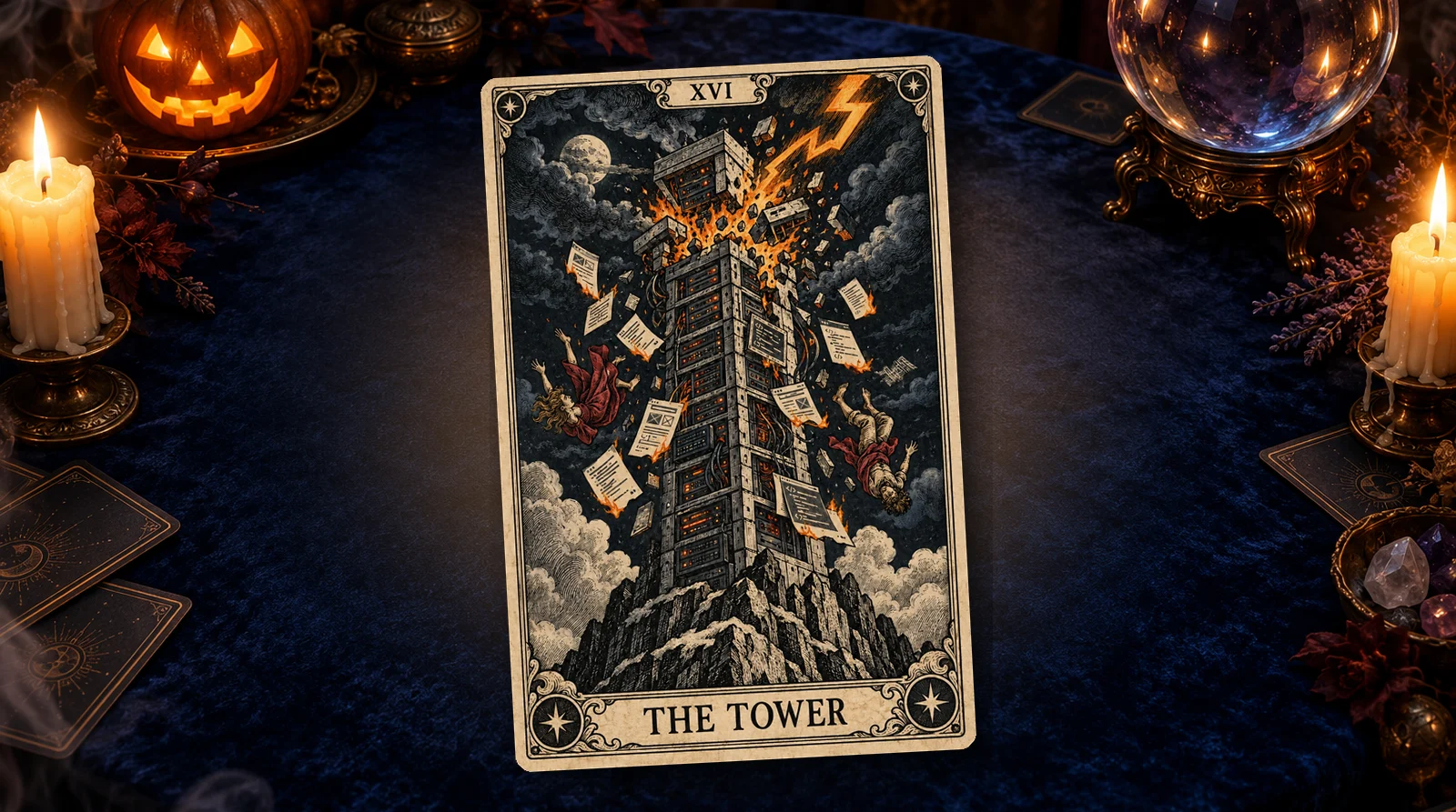 The Tower tarot card: a tower of server racks struck by lightning, burning pages falling from its windows.
