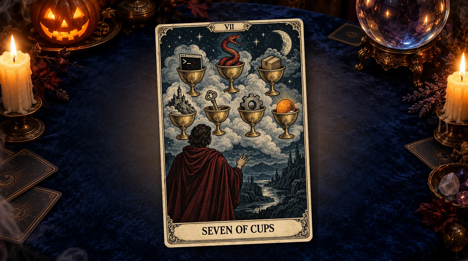 The Seven of Cups tarot card: seven golden cups in the clouds, a snake in one, a terminal, a parcel, a key and a gear in others.