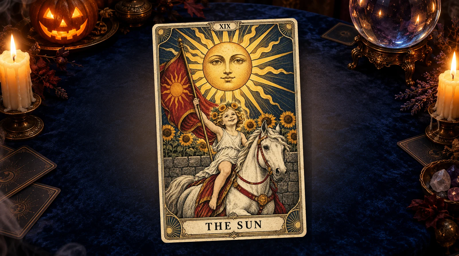 The Sun tarot card: a radiant sun, a child on a white horse with a banner, sunflowers along a wall.
