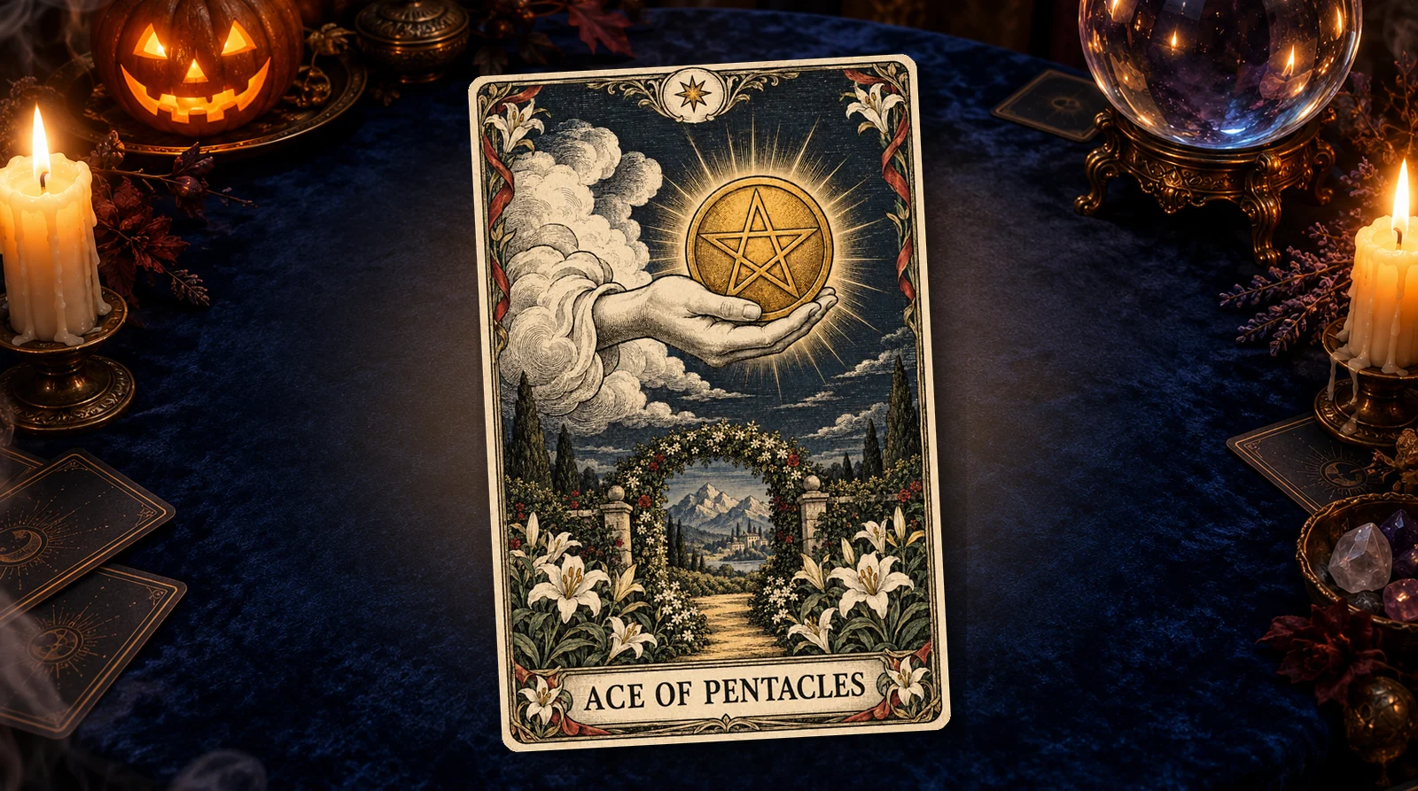 The Ace of Pentacles tarot card: a hand from a cloud holds a gold coin above a garden of lilies and an archway.