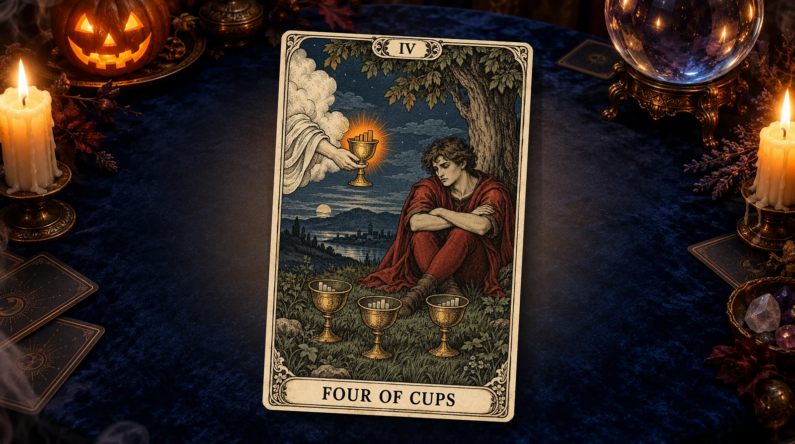 The Four of Cups tarot card: a bored young man under a tree ignores a cup offered from a cloud, three cups with charts before him.