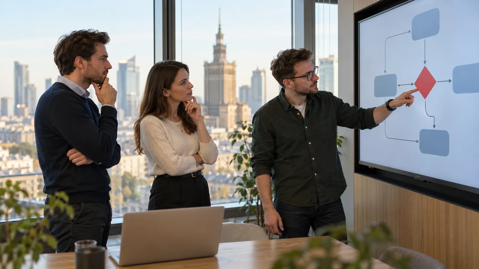 AI-generated illustration: consultants reviewing a process map in which one decision point requires human approval